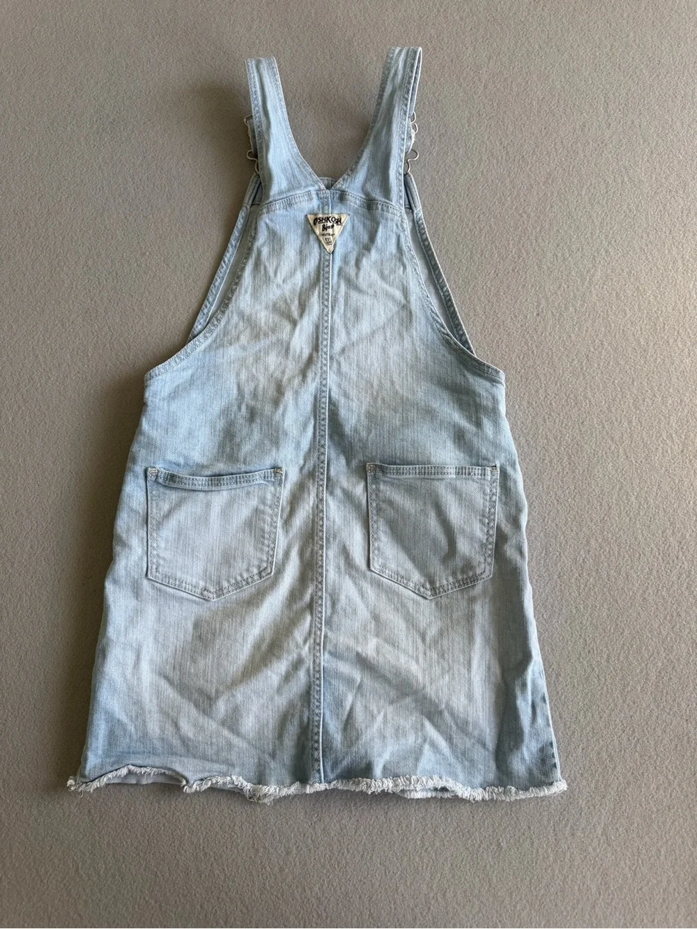 Oshkosh Jean Skirt Overall Dress Girls Size 7 Heart Pocket Fray Hem Light Wash